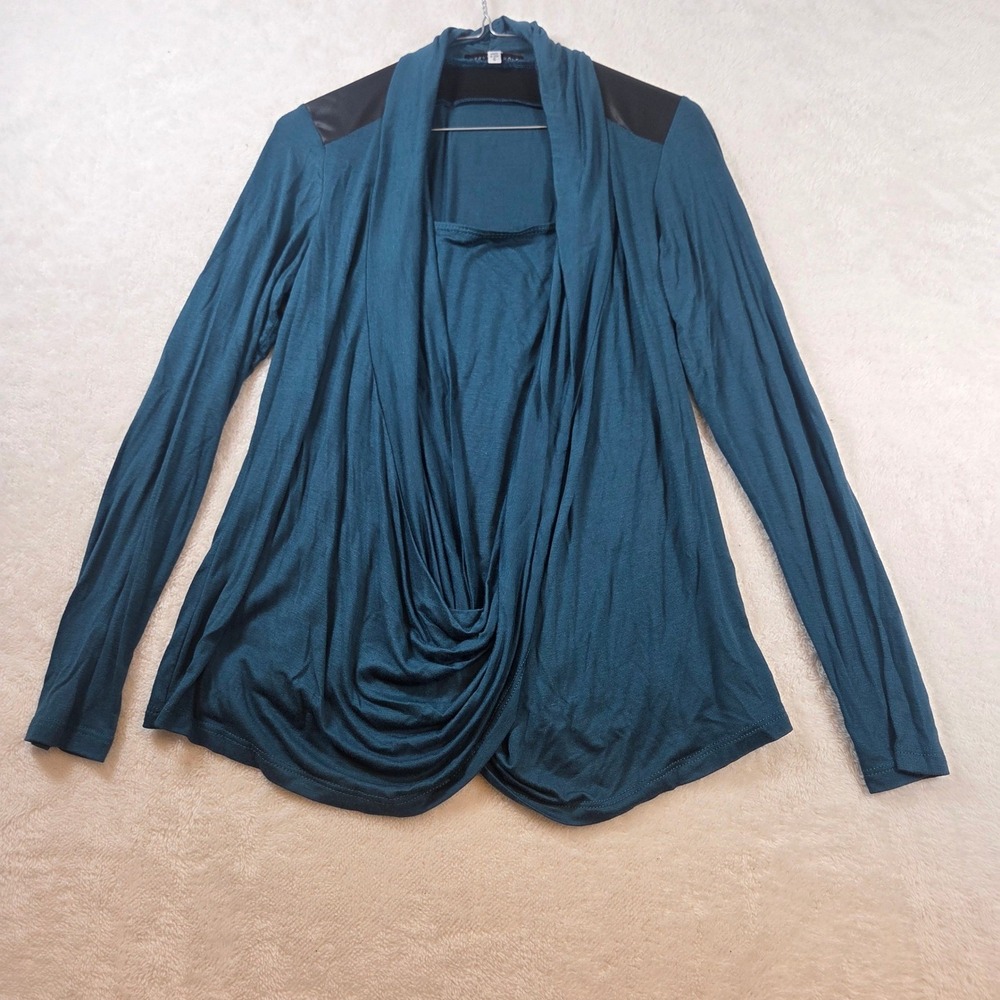 Annalee + Hope Womens Teal Blue Draped Cowl Neck Top Faux Leather Trim Size Sm